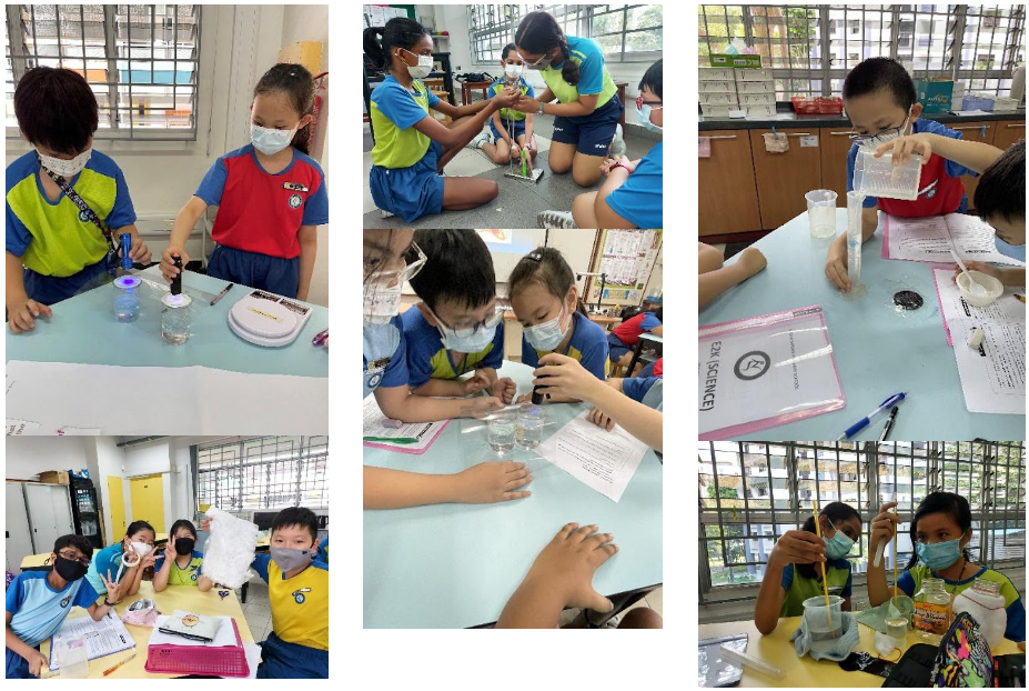 Young masked students conduct science experiments with water, containers, and tools in a classroom setting.